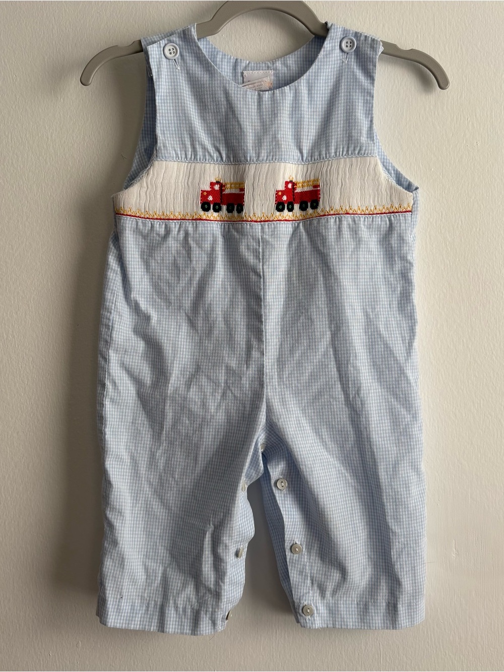 Smocked Giraffe Blue White Gingham Smocked Fire Truck Romper One-Piece 9-12M